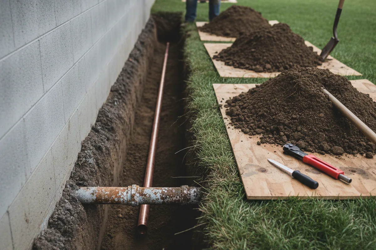 Excavated water line trench during Sewer Line Repair in Middlebourne